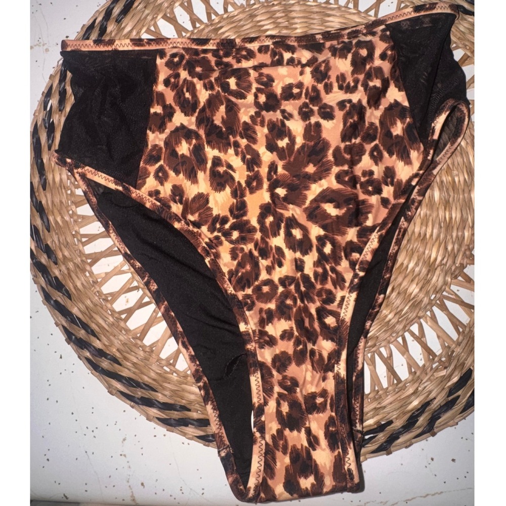 Aerie Real Good Leopard Print High Cut Cheeky Bikini Bottoms Mesh Side Panels XS